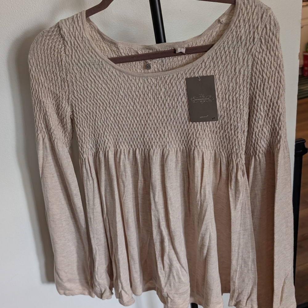 Anthropologie Cream Smocked Blouse